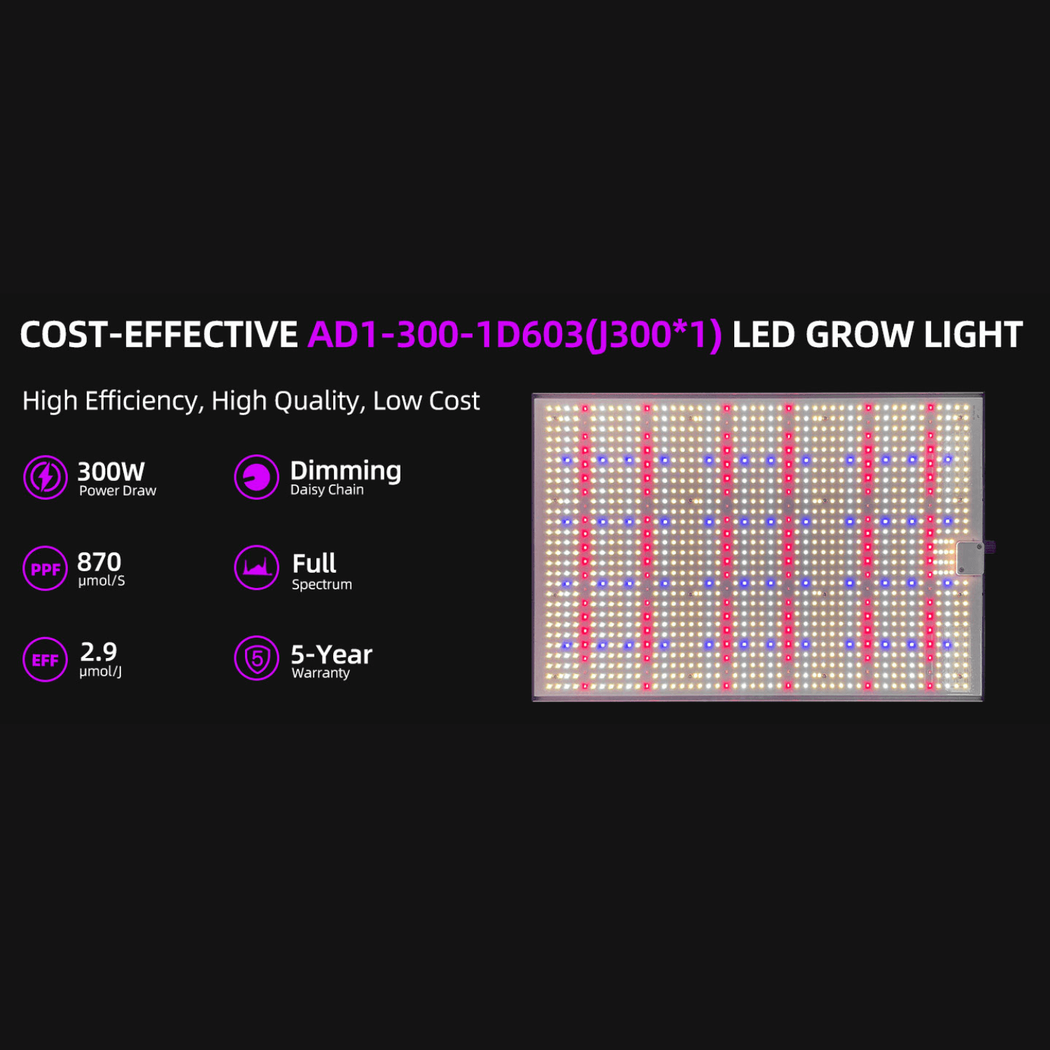 300W LED Grow Light - Quantum Board, 3x3ft Coverage, 3000k+6500k+660nm+730nm+460nm