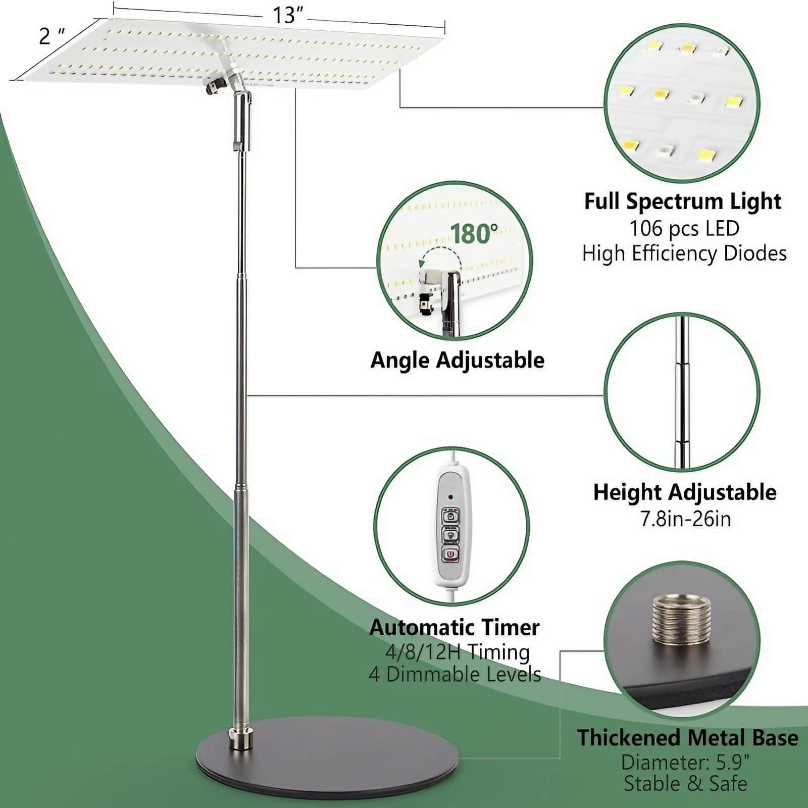 Full Spectrum 10W Tabletop Grow Light - Adjustable 4/8/12 hr Cycle Timer