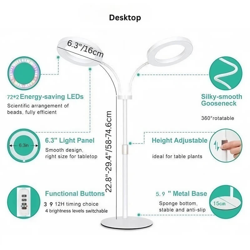Tabletop Grow Light 12W - Full Spectrum with 3/9/12 Hour Timer